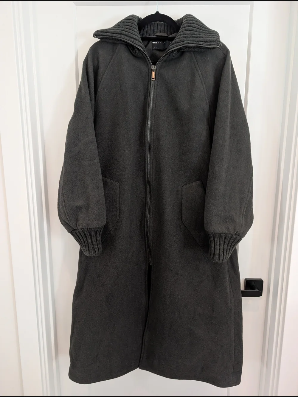 ASOS DESIGN knit collar longline coat in charcoal MEDIUM